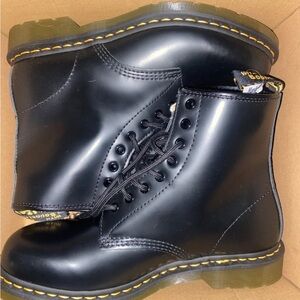 Dr. Martens Shiny Black Boots with Yellow Stitching